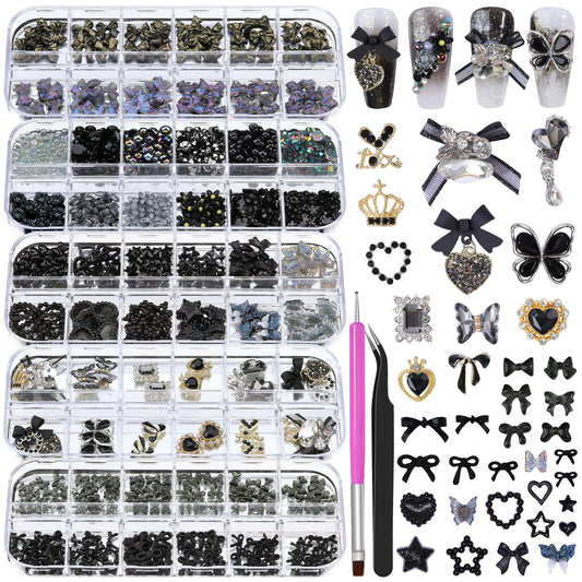 5 Boxes Black 3D Nail Charms Set, 24Pcs Y2k Alloy Nail Art Rhinestone Charms 3D Bow Flower Crown Heart Star with Tweezers and Dual-end Brush for Manicure Salon DIY Crafts,Face Makeup Gems Jewels