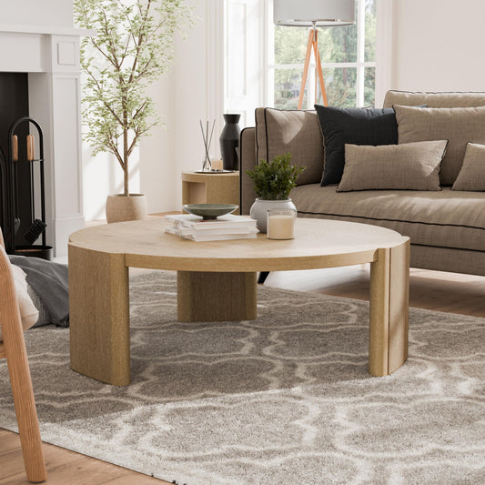 Furniture of America Carys 42” Round Coffee Table, Solid Rubberwood & Oak Veneer, Modern Wood Living Room Table with Plinth Base, Oak Finish