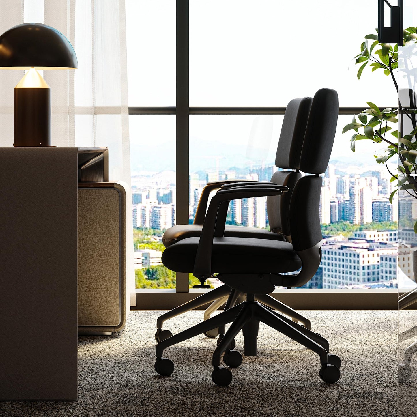 TOMU Genuine Leather Office Desk Chair with Wheels, Ergonomic Leather Executive Chair, Mid Back, Swivel Base with Adjustable Tilt, Modern Style, Luxury Aluminum Frame (Black)