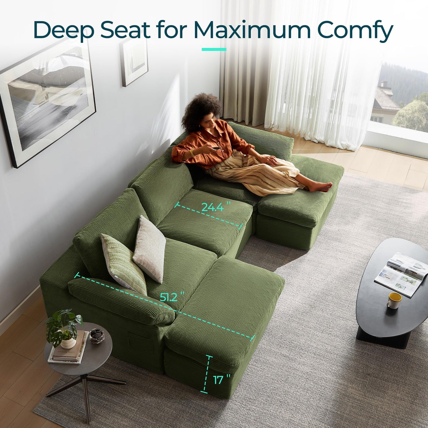 LINSY HOME 109" Modular Couch Modern Boneless Cloud Couch, U Shaped Sofa with Movable Ottomans, Deep Seat Corduroy Sectional Couches for Living Room, Apartment, No Assembly Required, Green