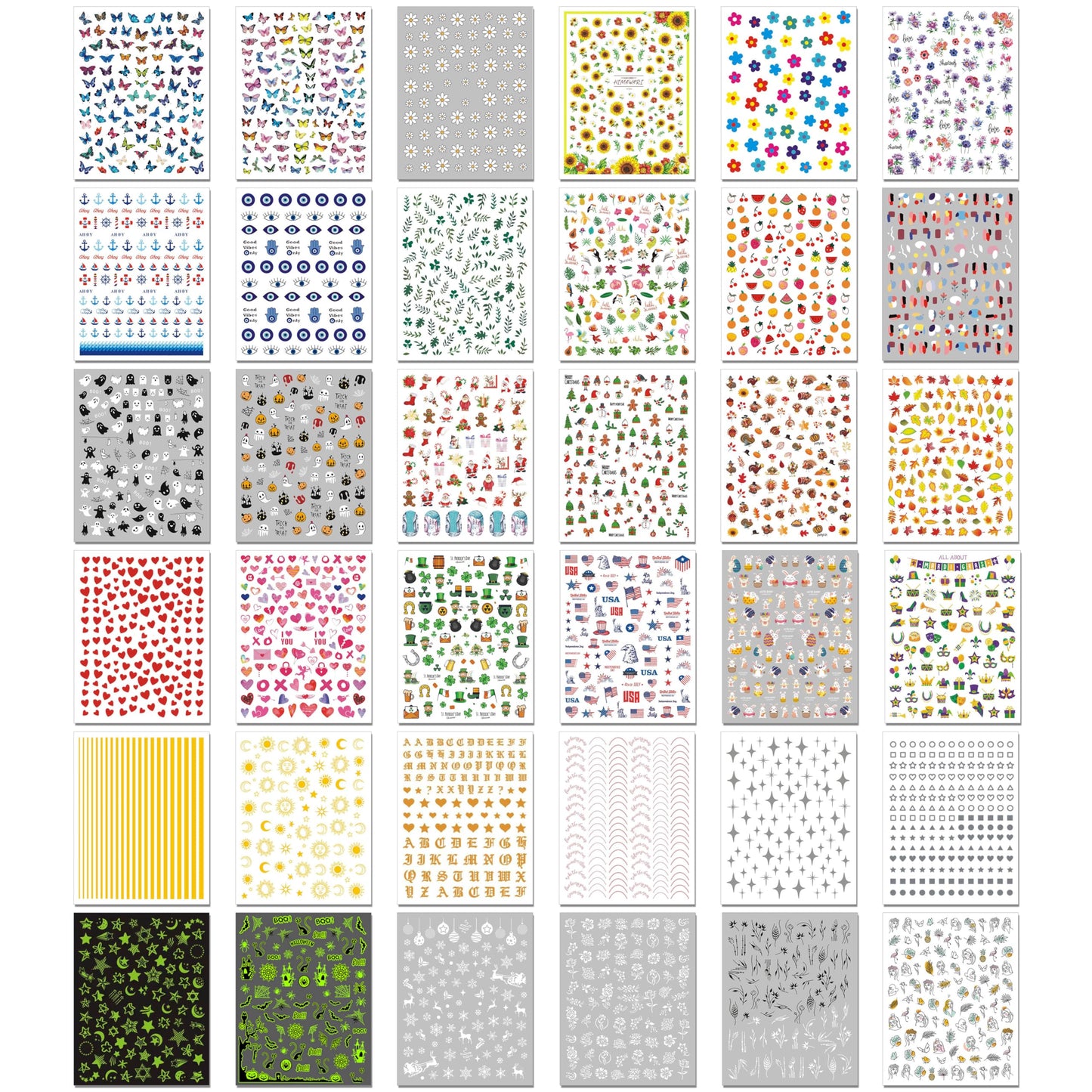 winthrop 36 Sheets All Holiday Nail Art Stickers, Mixed Season Nail Decals Set for All Year, Spring Summer 3D Self-Adhesive Colorful Pegatinas Uñas Daisy Butterfly 4th of July Halloween Christmas