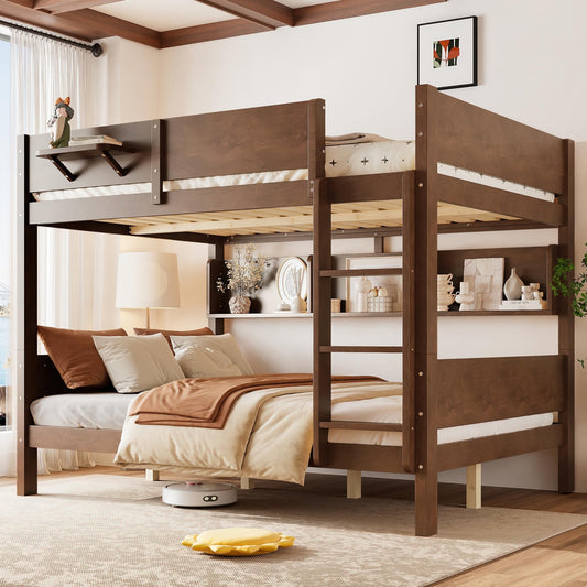 KEIKI Queen Over Queen Size Wooden Bunk Bed Frame with Convenient Tray & Built-in Storage Shelves, Detachable Bunk Bed with Solid Slats, No Box Spring Required, Easy Assembly, for Bedroom, Brown