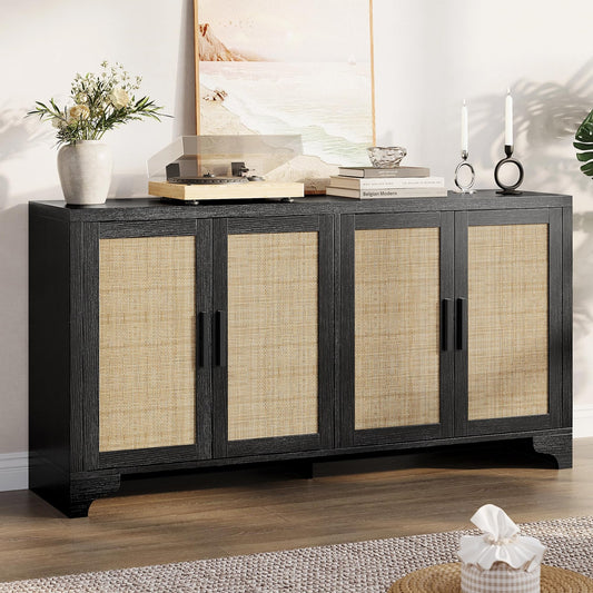 Garvee Natural Rattan Storage Cabinet with Shelves, 4-Door Sideboard Buffet Cabinet, Boho TV Stand Console Table for Living Room, Entryway, Dinning Room
