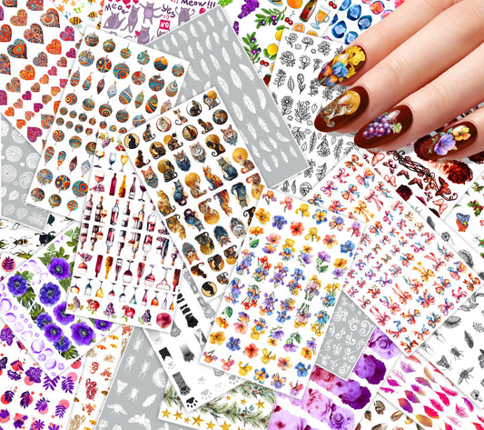 30 Sheets Nail Stickers Collection ~ Whimsical Cats Bows ~ Decorative Cats Ribbons Ornaments Wine Glasses Hearts and Floral Elements in Colorful Illustrative Style Creating Playful Charming Decals