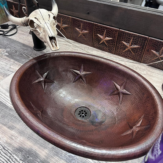 SimplyCopper 19" Oval Copper Bathroom Drop In Rolled Edge Sink with Star Design