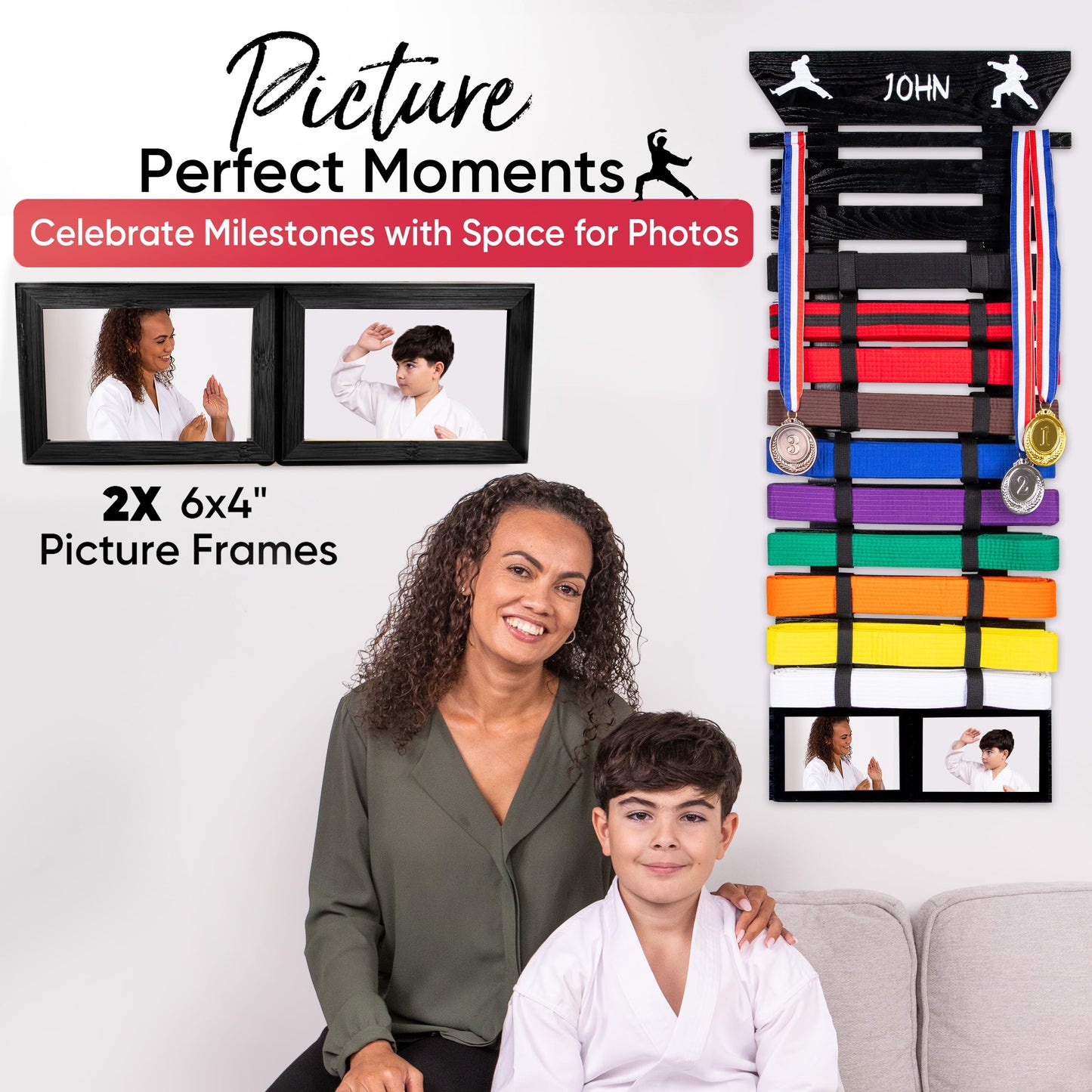 Optimus Depot Karate Belt Display Rack - Taekwondo Belt Display with Customization Stickers, 2 Picture Frames, Self-Adhesive Adjustable Strips & Hanging Kit Taekwondo Gifts - Black 12