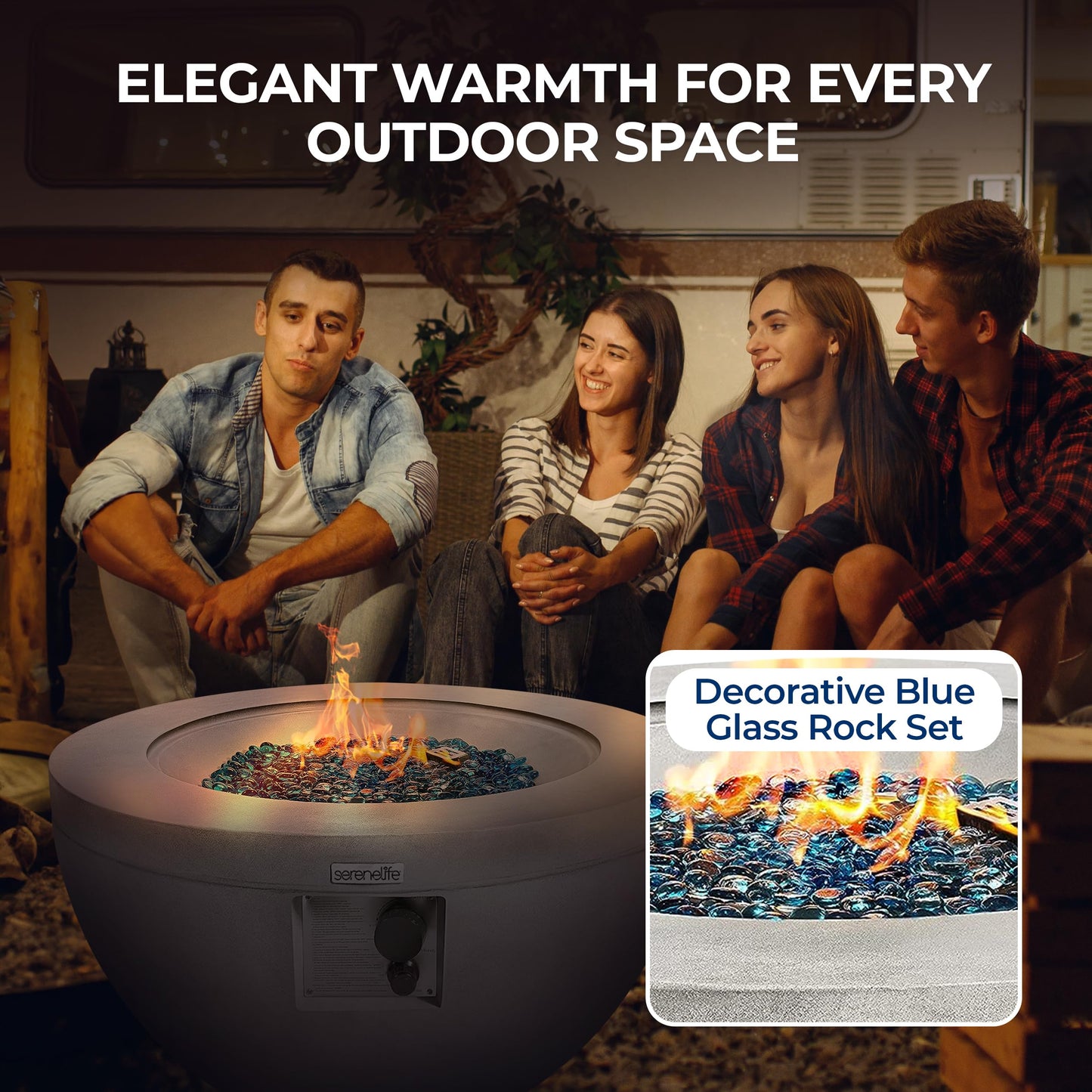 SereneLife 40,000 BTU Propane Fire Pit Table, Round Gas Fire Table with Adjustable Flame Height, Weather Resistant, Blue Glass Rocks, Safe and ETL Certified for Outdoor Use, 30" x 30" x 16.9" Inch