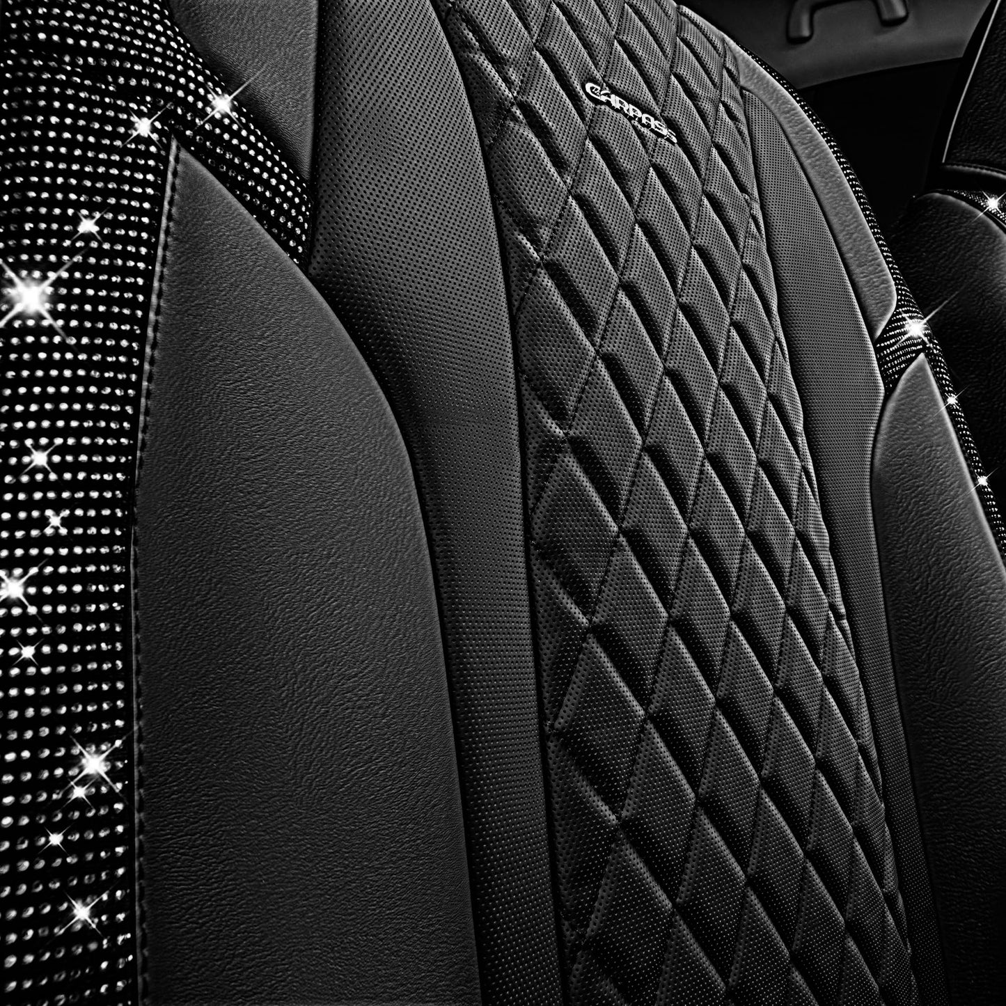 CAR Pass Bling Car Seat Covers, Microfiber Nappa Leather Luxury Cushioned, Waterproof Heavy-Duty Anti-Slip Universal Fit for Auto SUV Sedan, Sparkly Glitter Shining Rhinestone Full Set, Black Diamond