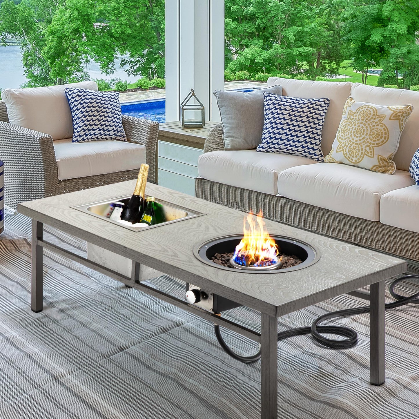 Green4ever Aluminum Propane Fire Pit Table, 47" 50,000 BTU Multifunctional Fire Table with CSA Certification, 4.5 Gallons Ice Bucket, and Lava Rocks, 3-in-1 Coffee Table for Outdoor Patio, Grey