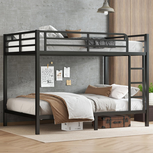 KEIKI Full XL Over Full XL Bunk Bed Metal Frame for Teens & Adults, Heavy Duty Space Saving Bunk Bed Frame with Safety Guardrails & Ladder, Noise Free, No Box Spring Needed, Easy Assembly, Black