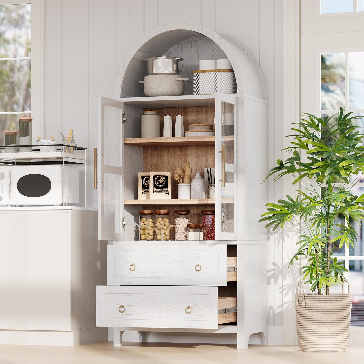 Erteliza 71" Farmhouse Arched Storage Cabinet with Glass Doors, Tall Arched Cabinet with Drawer, Adjustable Shelves & Door Racks, Modern Kitchen Pantry Cupboard, White