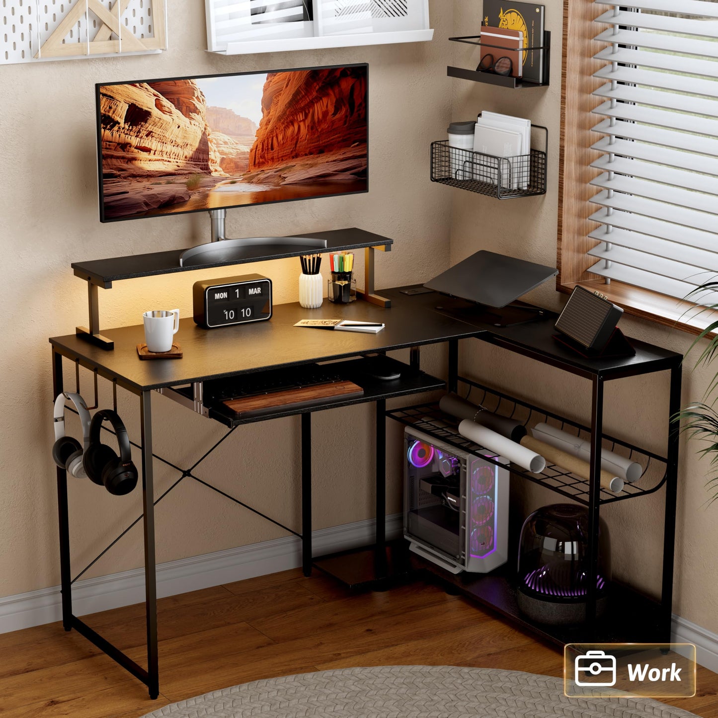 BORNOON Computer Desk, L Shaped Gaming Desk with Monitor Stand & Storage Shelf & LED Light & USB Power Outlet, Reversible Shelves Corner Table with Keyboard Tray for Gaming, Home Office, Study