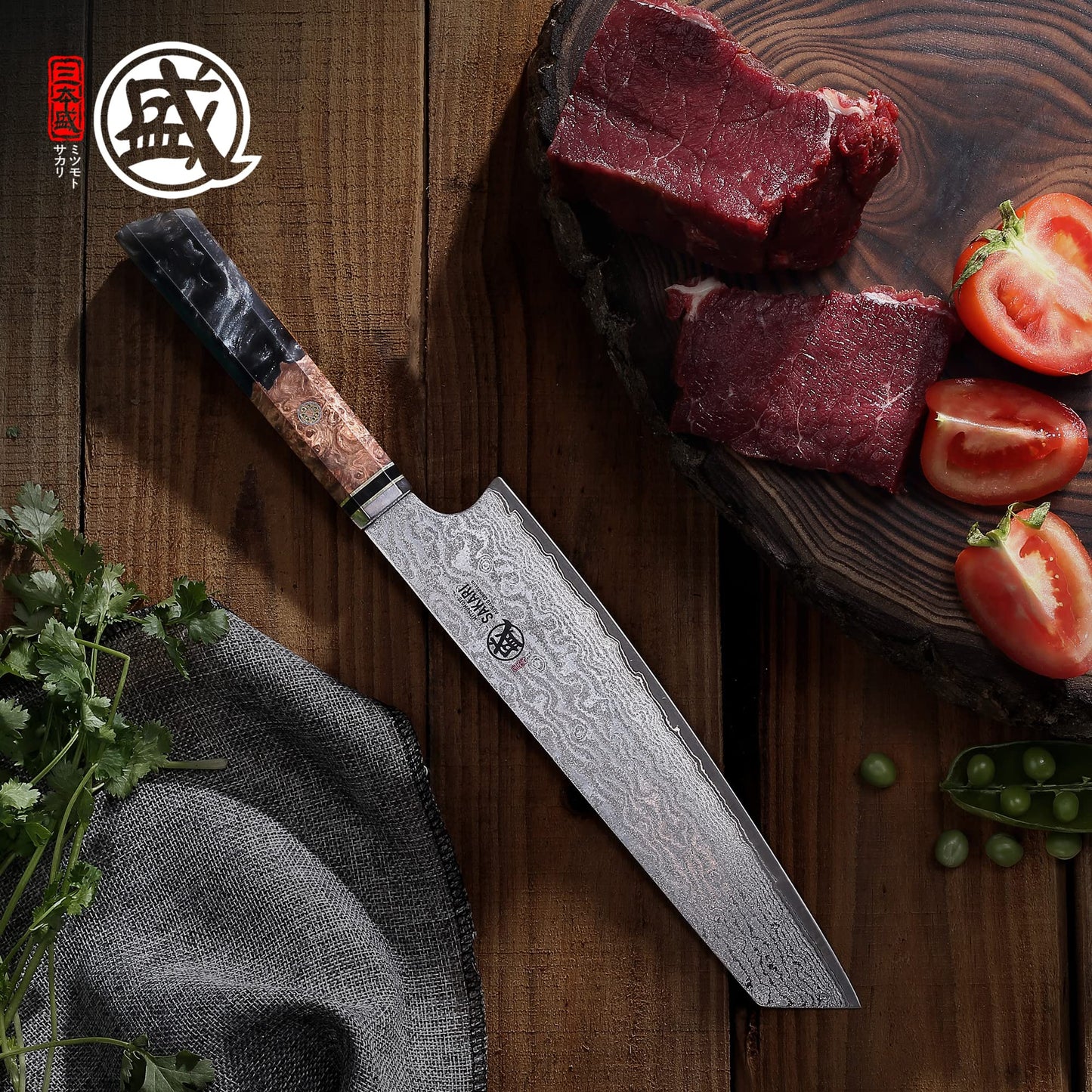 MITSUMOTO SAKARI 8 inch Kiritsuke Chef Knife & Japanese Sushi Knife, Hand Forged AUS-10 Damascus Steel with Shadowwood Handle & Sandalwood Box