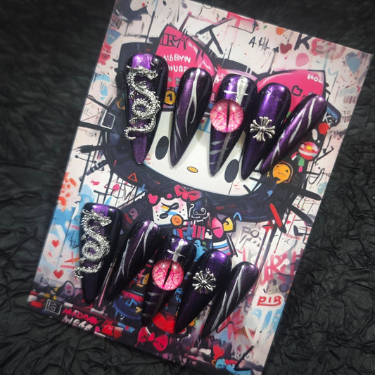 Handmade Press On Nails 10Pcs Dark Gothic Style Manual Starlight Fake Nails for Women Party Holiday Photo 3.2CM Size L