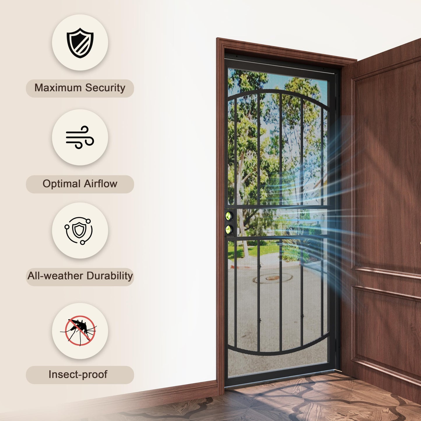 JUBEST 32" x 80" Steel Security Door, Universal/Reversible Outswing Security Screen Door, Black Powder-Coated Surface Mount Frame with Expanded Metal Screen, Rust-Resistant, No Handles Included