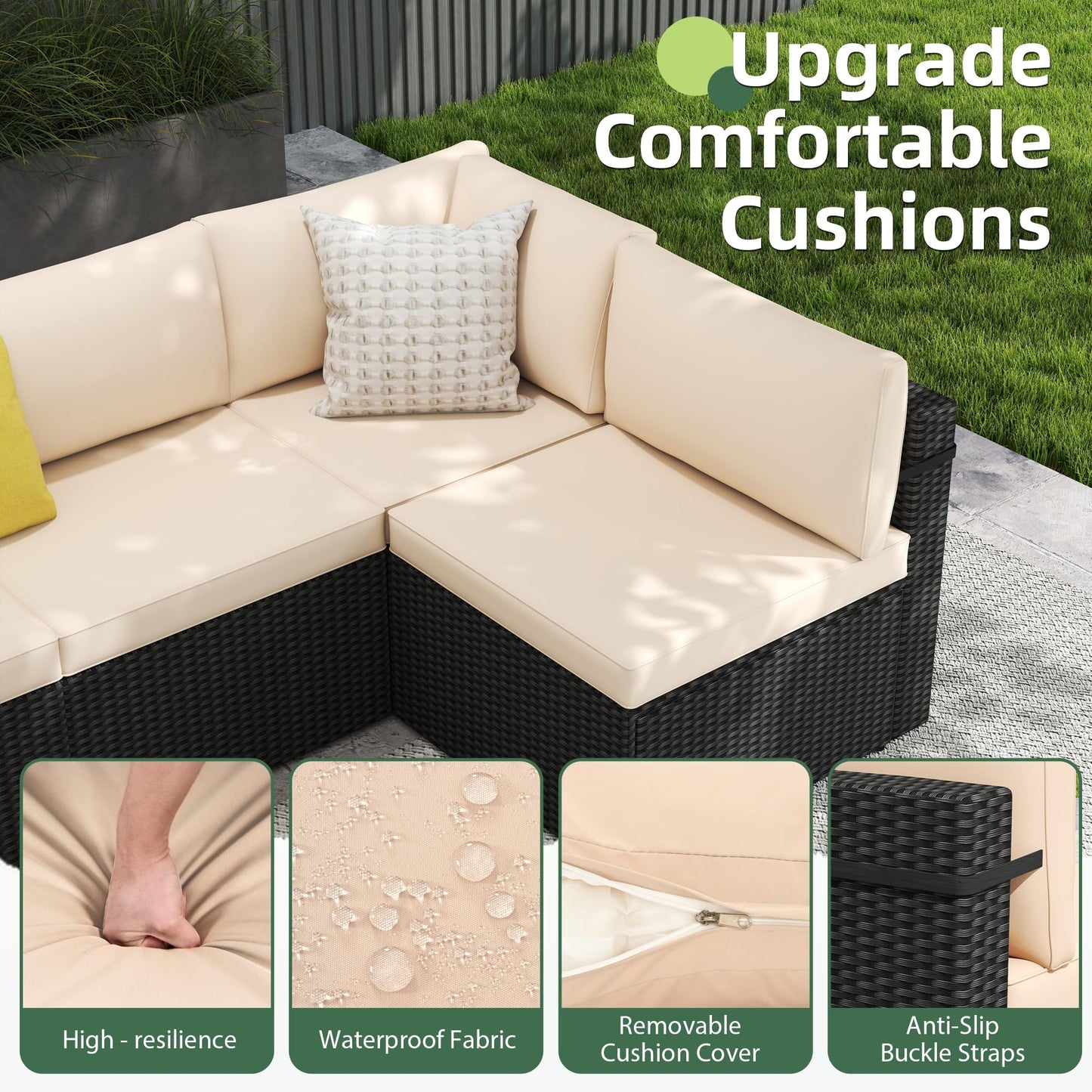 PATIOPIA 7-Piece Outdoor Sectional Sofa Set, Weather-Resistant Patio Furniture Set with Washable Cushions and Coffee Table, Black Rattan Patio Conversation Set for Poolside, Backyard, Deck (Beige)