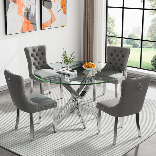 KUVADAZ 47.24" Modern Silver Glass Dining Room Table Set for 4, 5-Piece Round Kitchen Dining Table Set with Cross Metal Legs and 4 Grey Velvet Upholstered Chairs, Glass Kitchen Table and Chairs Set