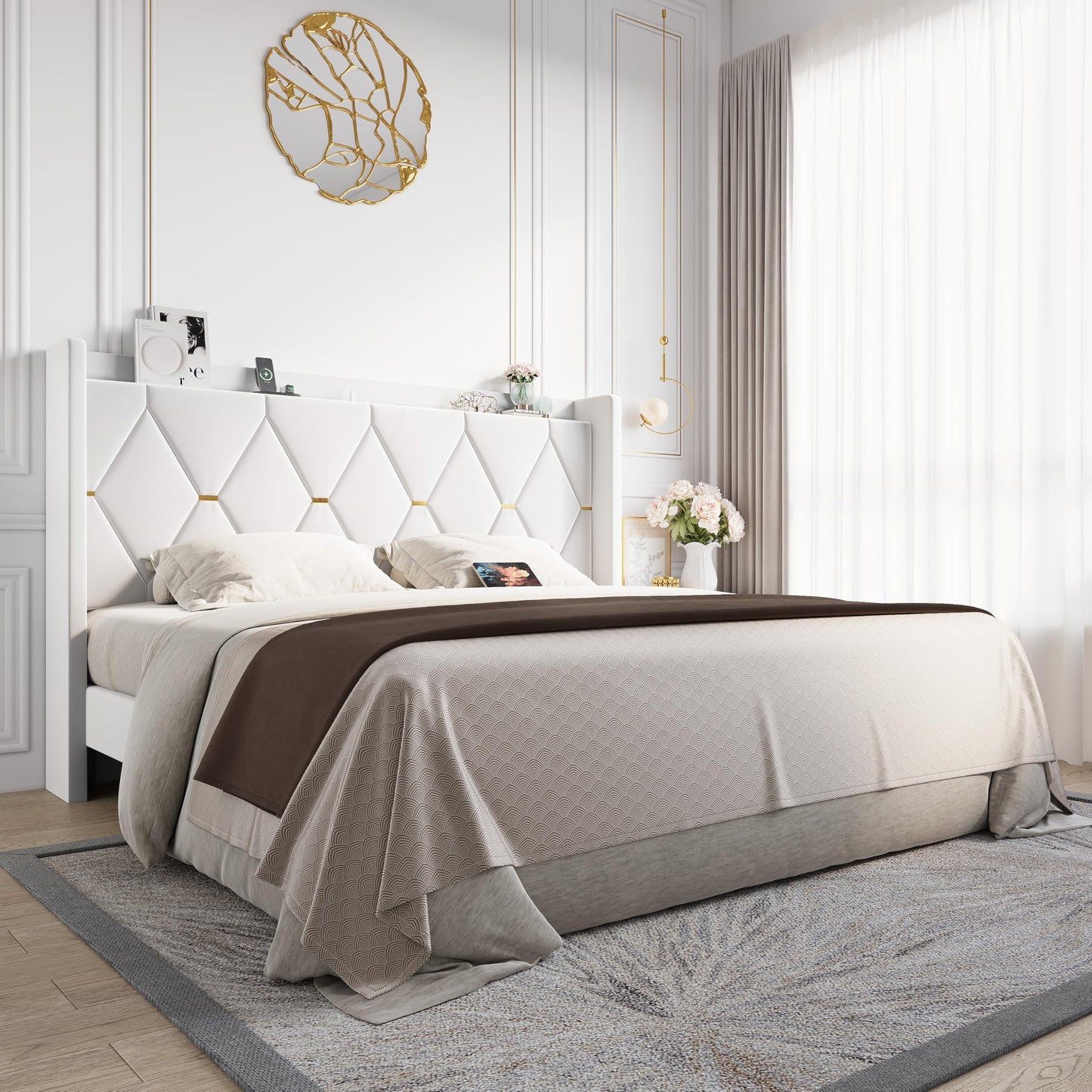 Allewie Velvet King Size Upholstered Bed Frame with Wingback Storage Headboard & Charging Station, Platform Bed with Diamond Tufted Design & Gold Trim, No Box Spring Needed, Easy Assembly, White