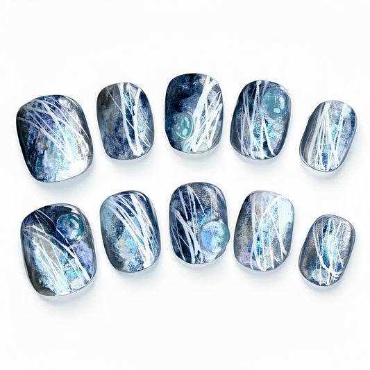 Fine Point Midnight Nebula Press On Nails for Women, 10pcs Short squoval False Nails, Handmade Galaxy Marble with White Line Art, Reusable Glue On Nails, Fun Mothers Day Gifts (Size Small)