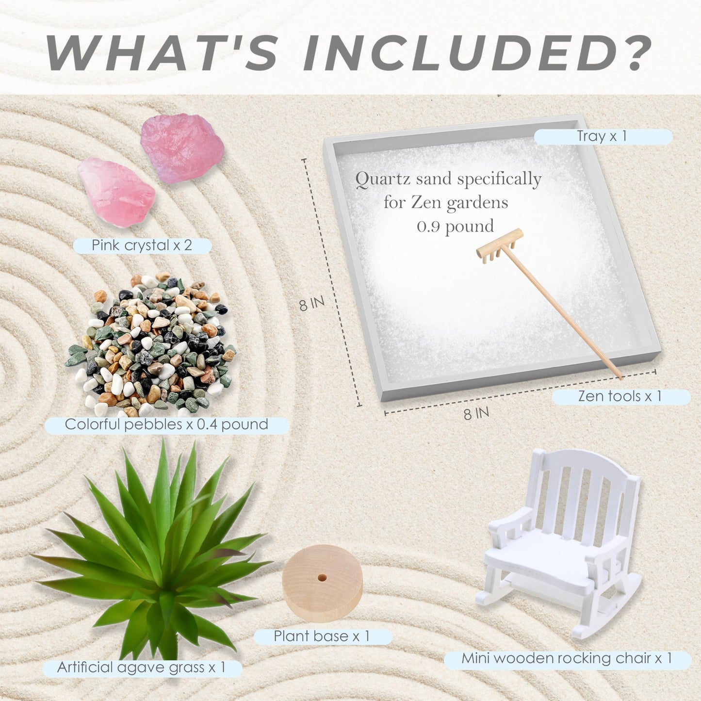 Cularve Zen Garden for Desk – White Modern Style with Healing Crystals and Sand Rake, Perfect for Home, Office, and Desktop Decor, Meditation and Stress Relief