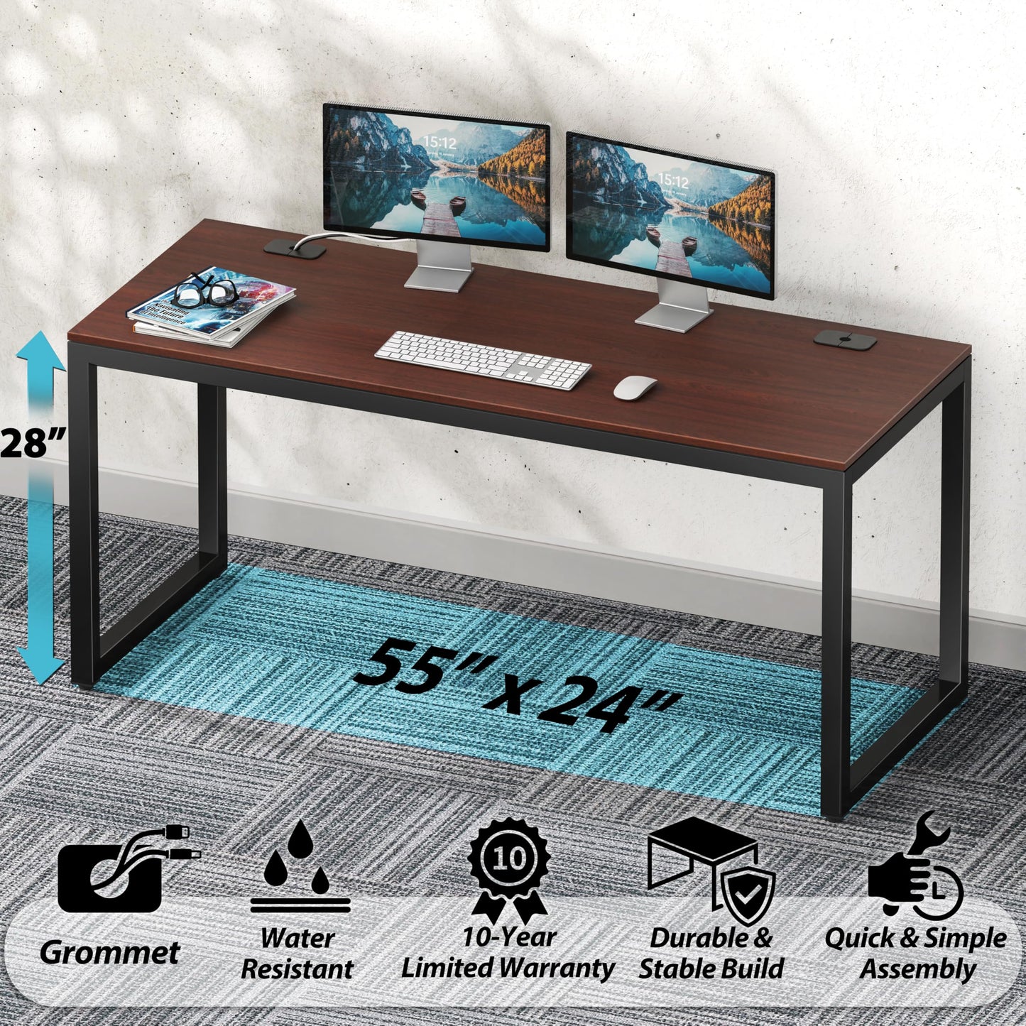 SHW 55-Inch Commercial-Grade Office Computer Desk, Cherry