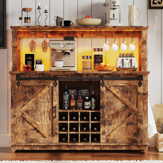 55 in Farmhouse Coffee Bar Cabinet with 3-Mode LED Light and Power Outlet - Large Kitchen Hutch with Sliding Barn Door - Wine Cabinets with Storage Drawers and Wine Glass Rack for Home and Living Rome