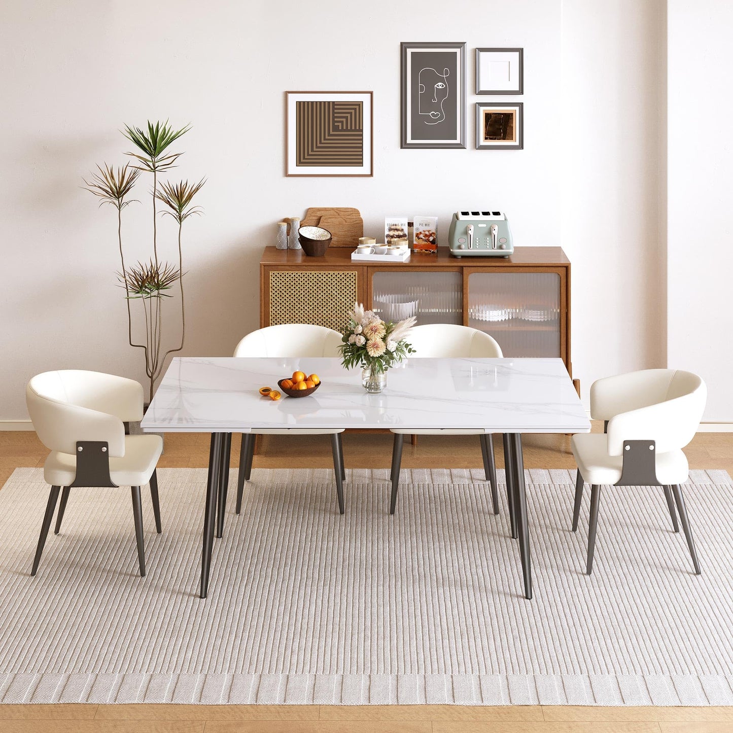 NessCarsti 62.9"–94.4" Extendable Sintered Stone Dining Table for 6–10, Modern White Rectangular Kitchen Table with Stainless Steel Legs, Scratch-Resistant & Heat-Resistant, Patio & Backyard Furniture