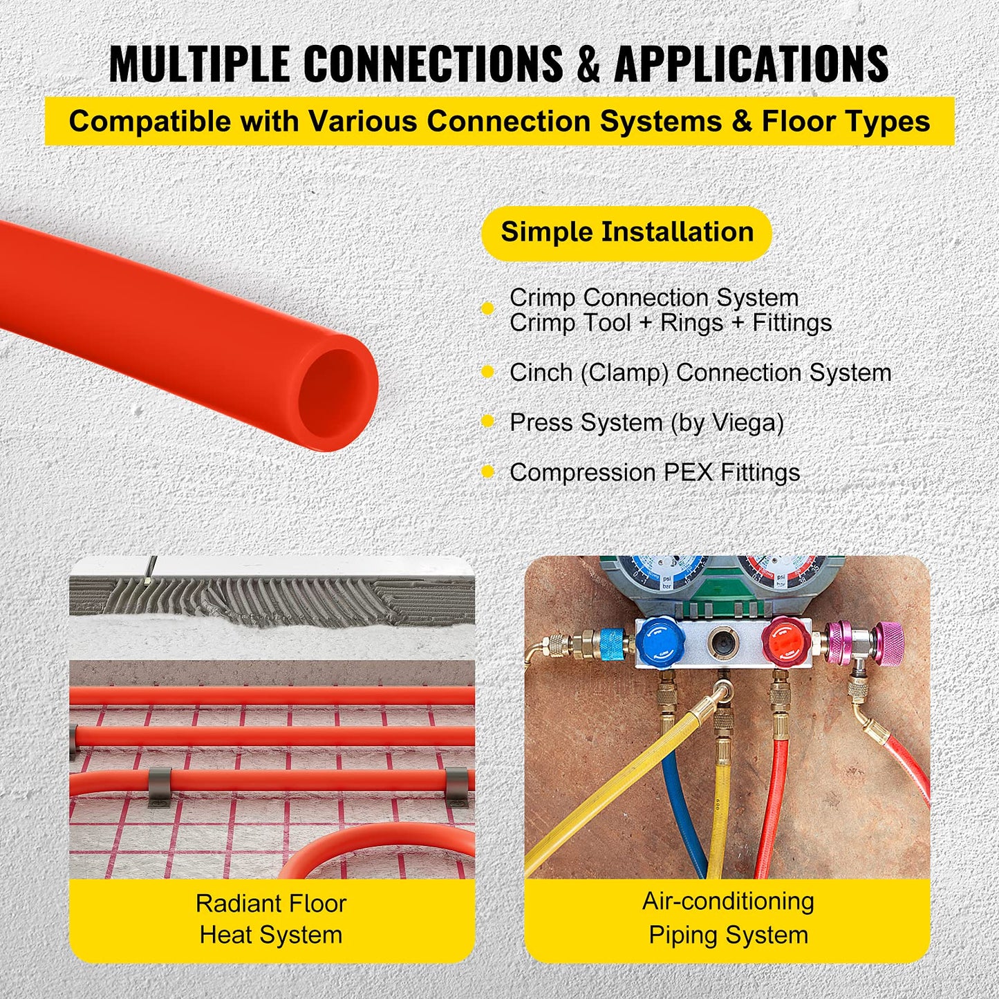 VEVOR PEX-B Pipe 1/2 Inch x 1000 Feet,Oxygen Barrier Flexible Pipe Tubing,Red for Hydronic Radiant EVOH Floor Heating, Water Plumbing Applications with Cutter& Clamps