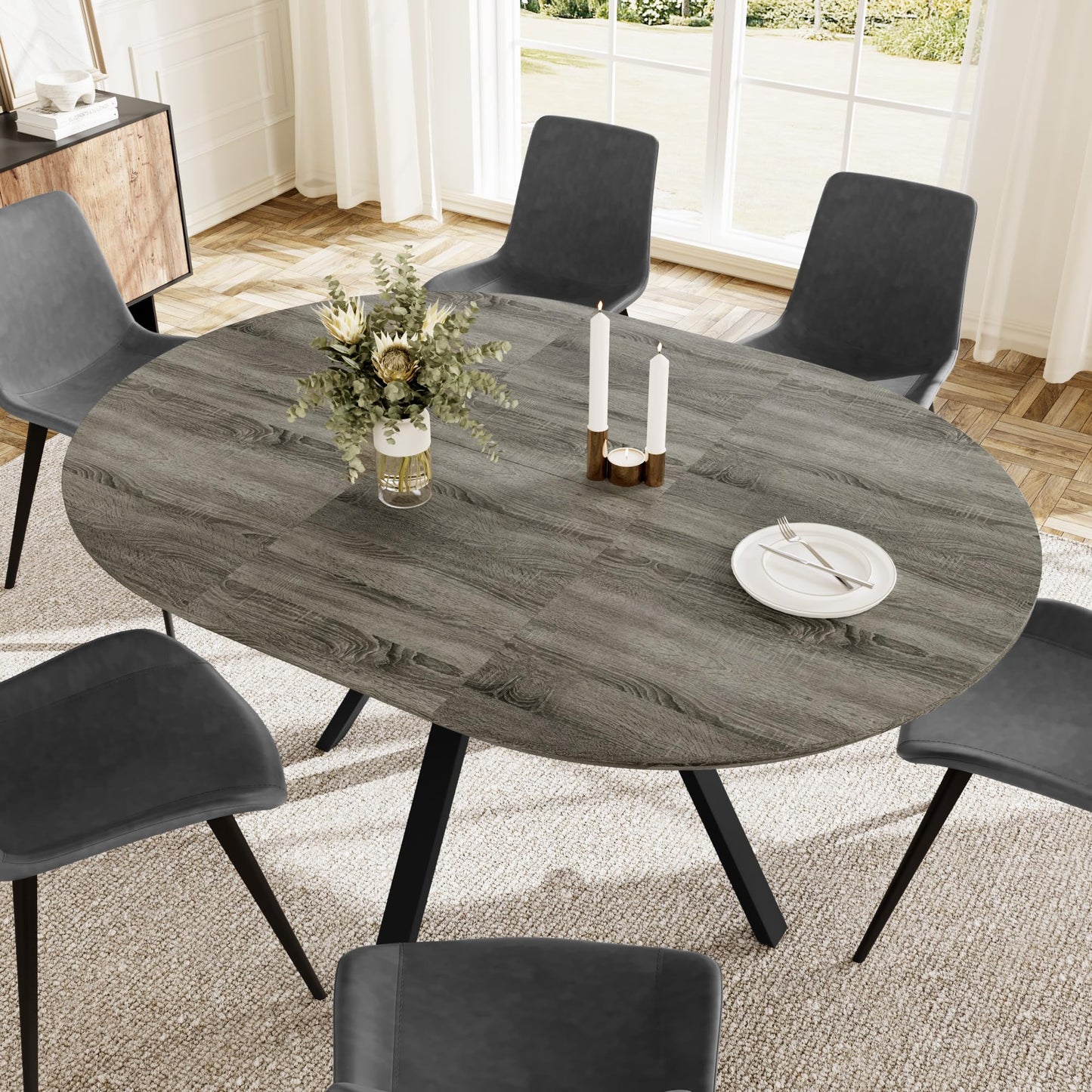 HIPIHOM Extendable Round Dining Table Set for 6 People, 43.3"-59.1" Extendable Kitchen Table with 6 Upholstered Chairs, Space Saving for Kitchen Dining Room (Grey Table+6 Grey Chairs)