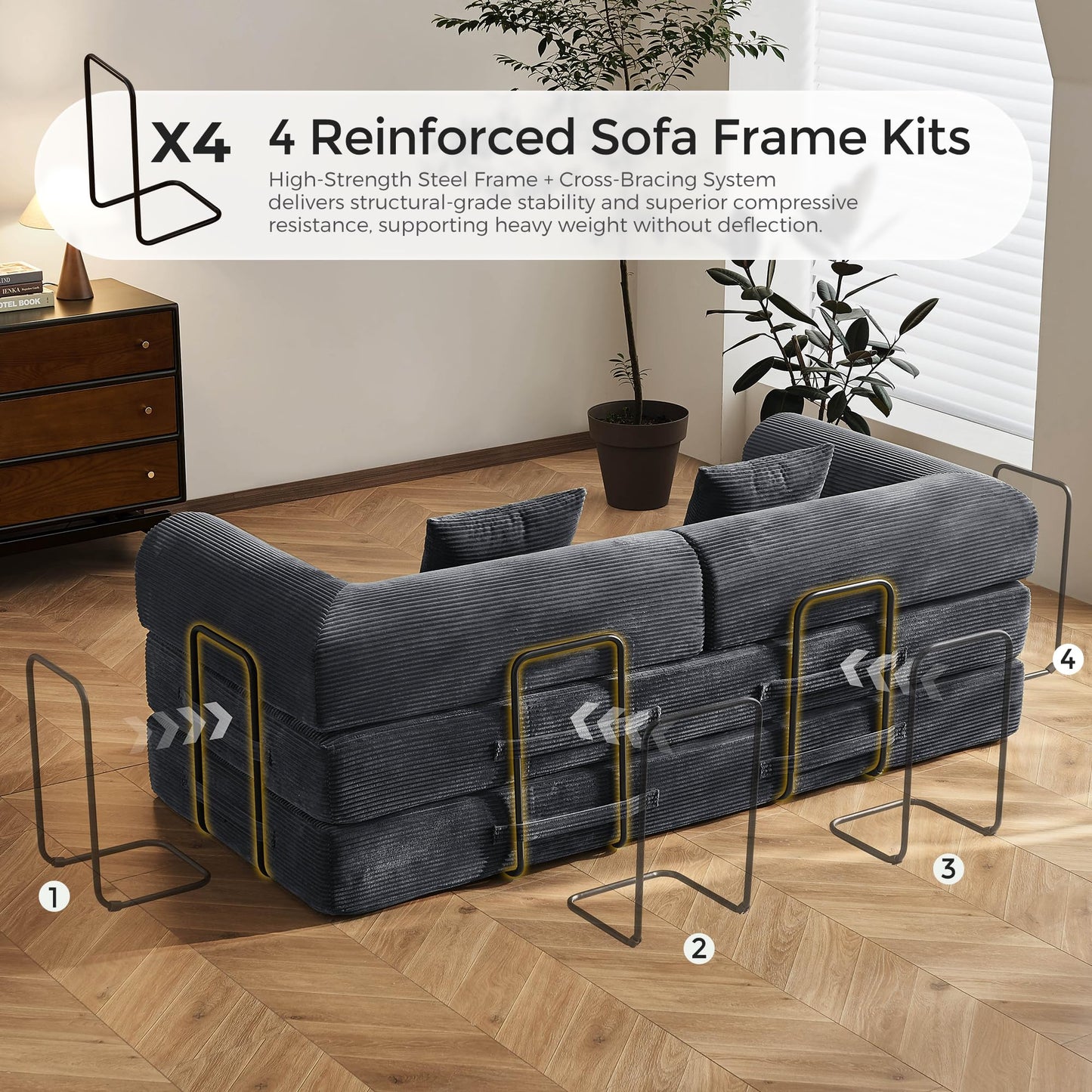 SAVENICA 79" Floor Sofa Bed, 5-in-1 Convertible Sleeper Sofa with Removable Armrests, Corduroy Fabric Sofa Couch, No Assembly Required for Living Room, Dorm, Studio (Dark Gray)
