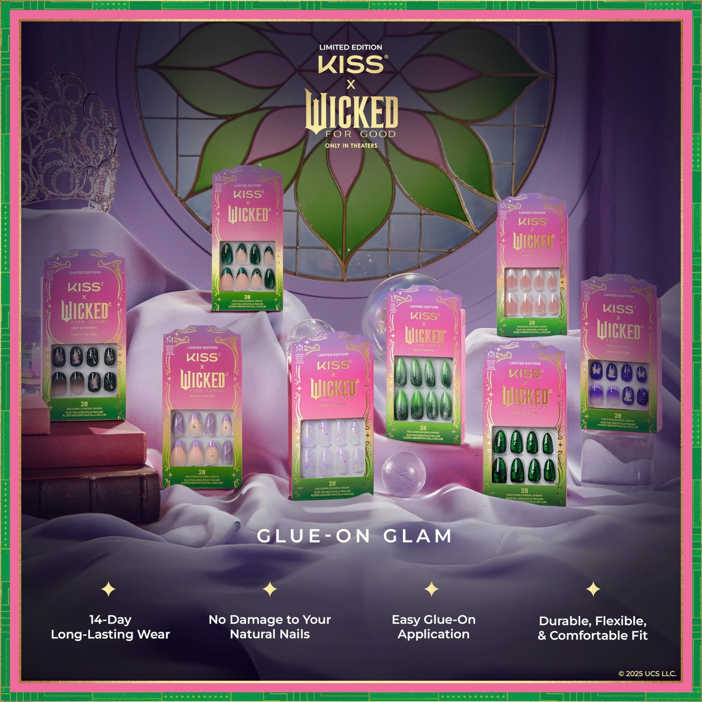 KISS X WICKED: FOR GOOD Press On Nails Almond, ‘My Future Is Unlimited’, Green, Medium, Waterproof, Chip Proof, Smudge Proof, 28 Fake Nails, Pink Gel Nail Glue (2g), Mini Nail File, & Manicure Stick