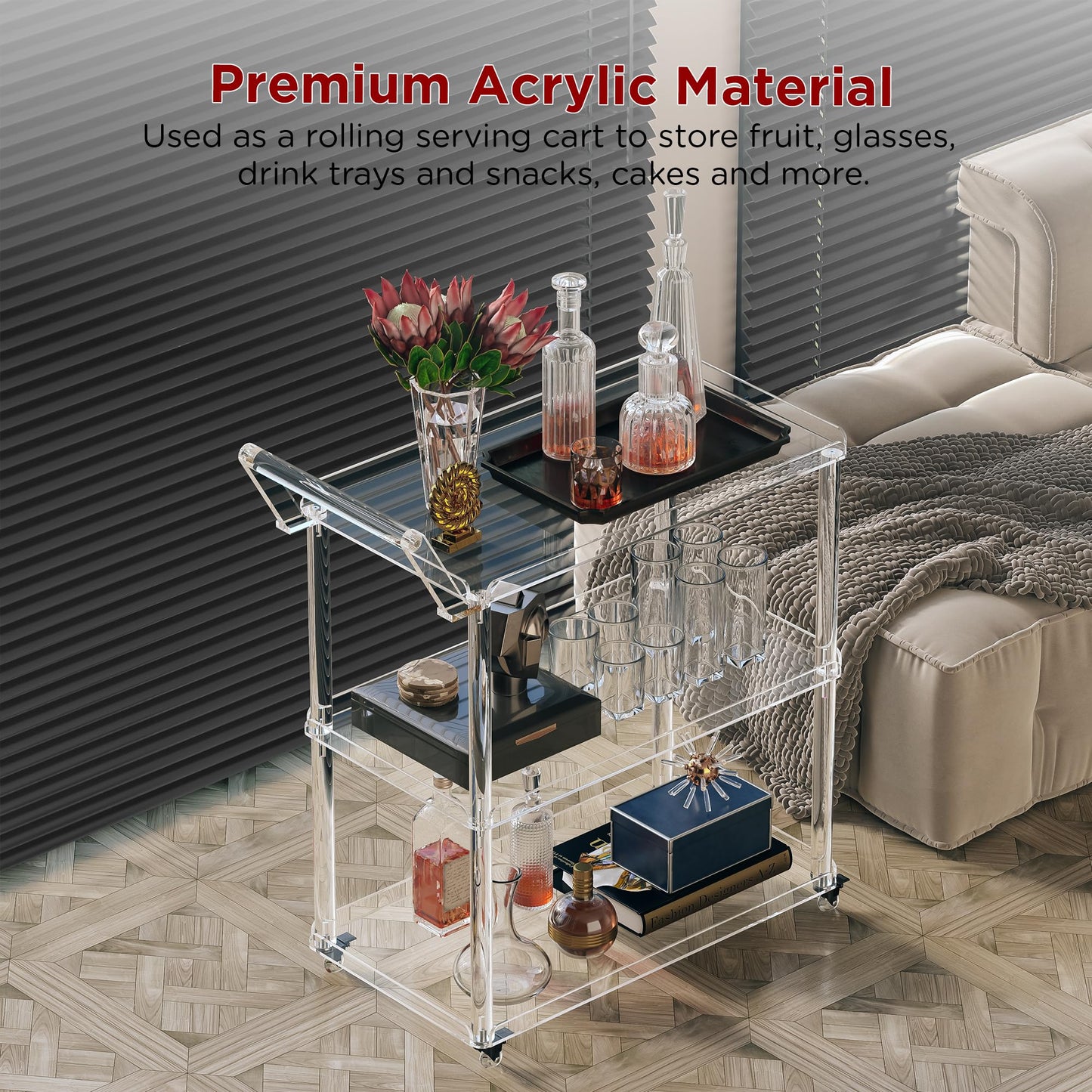 Dethan Acrylic Bar Cart with Lockable Wheels, Rolling Serving Cart with Pulling Handle, 3-Tier Clear for Home Bar, Kitchen, Living Room, Portable Beverage Space-Saving Modern Acrylic Trolley