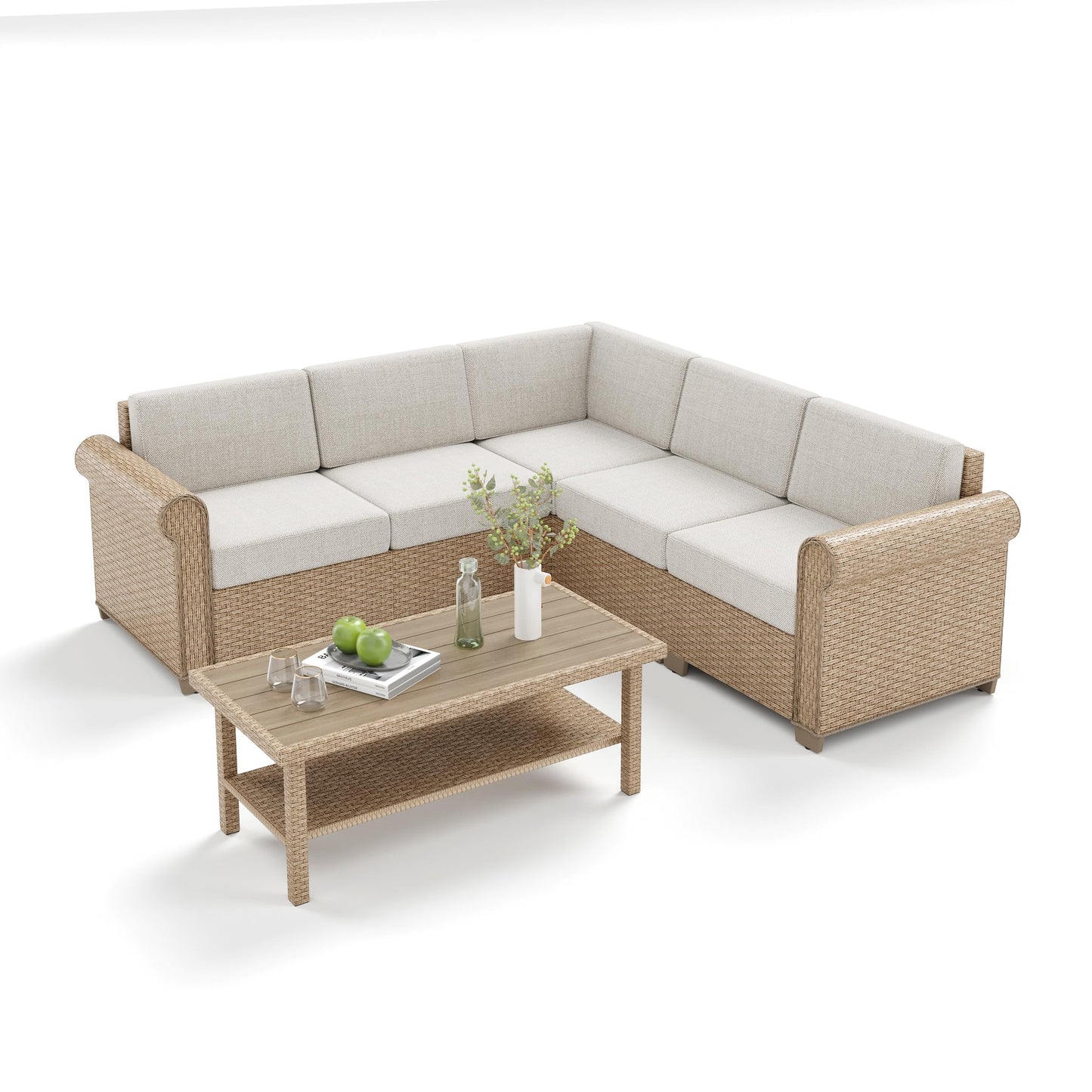 MIXPATIO Patio Furniture Set, 6 Piece Outdoor Rattan Wicker Sectional Conversation Set with 5.5" Thick Waterproof Cushions and Coffee Table for Deck Backyard