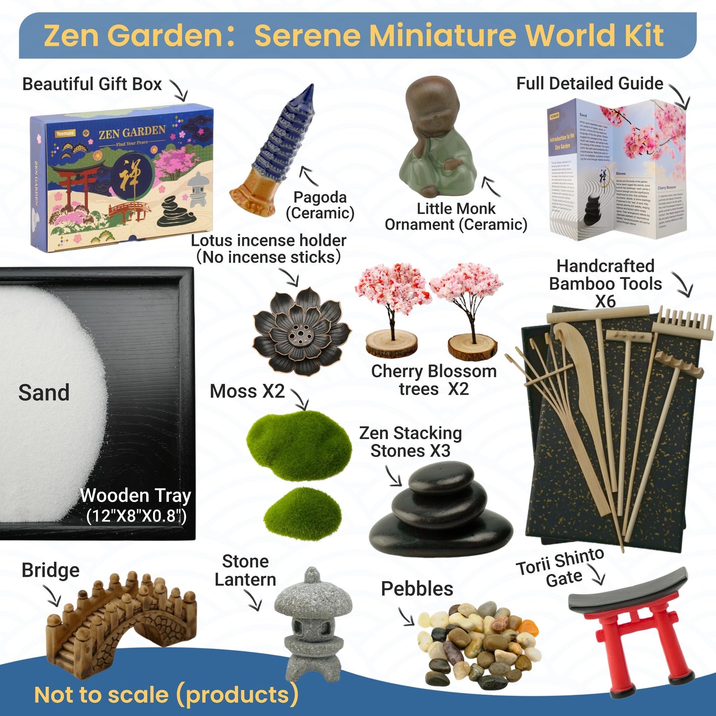 Zen Garden Kit for Desk, 12x8 Inch Sand Tray with 16 Accessories and 6 Tools, Japanese Meditation Mini Garden Set,Mini Meditation Decor for Adults, Stress Relief, Home & Office Decor, Unique Gift Set.