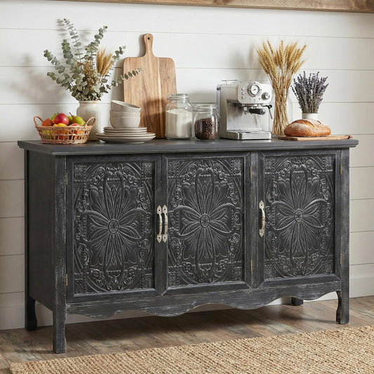 RoyalCraft Buffet Cabinet with Storage, Vintage Solid Wood Sideboard Table Coffee Bar Wine Bar Storage Cabinet with 3 Doors for Dining Room, Living Room, Hallway, Distressed Black