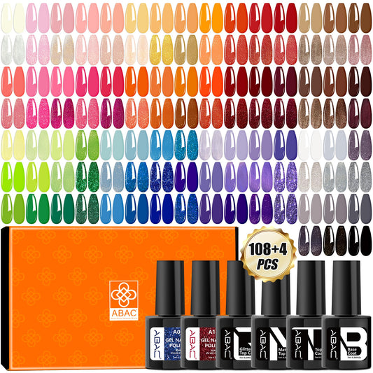 ABAC Gel Polish Kit - 112 Pcs Set with Base & Top Gel,108 Vibrant Colors for All Seasons Long-Lasting DIY Manicure Gift for Women & Nail Art Lovers (Pink,Orange,Blue,Green,Red)