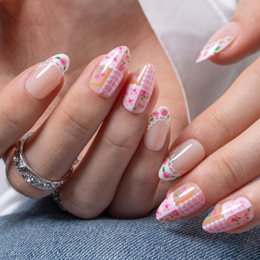 CurvLife Soft Gel Almond Press-On Nails Short,30Pcs Reusable Fake Nail Tips with Adhesive Tabs, Salon-Quality Stick-On Nails for At-Home Manicure (Berry Lace)