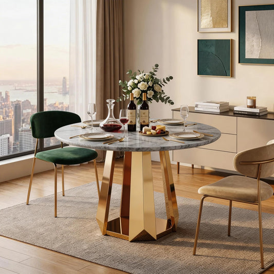 Glyph Form Round Faux Marble 47" Dining Table for 4-6, Luxury Gold Kitchen Table with Stainless Steel Base, Easy to Clean & Heavy Duty Modern Dining Room Table for Home Office,Grey, MDF(Table Only)
