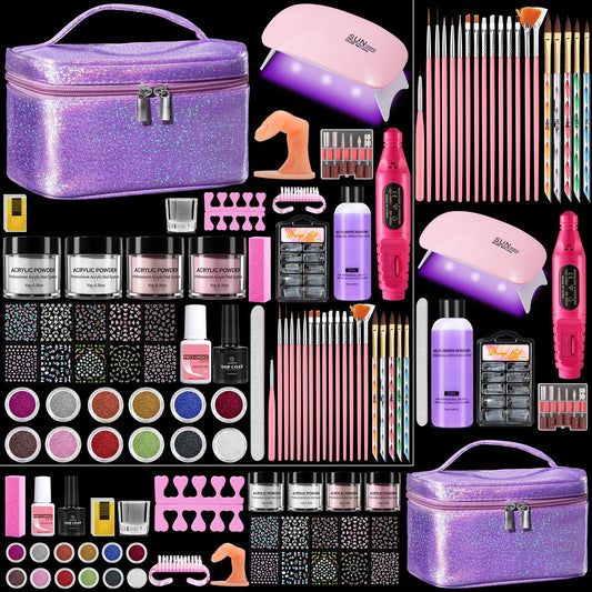 Nail Kit for Beginners with Everything: Professional Nails Kit Acrylic Set with Practice Finger Drill U V Light Acrylic Powder Liquid Decorations in Makeup Bag for Women Salon (Bling Purple)