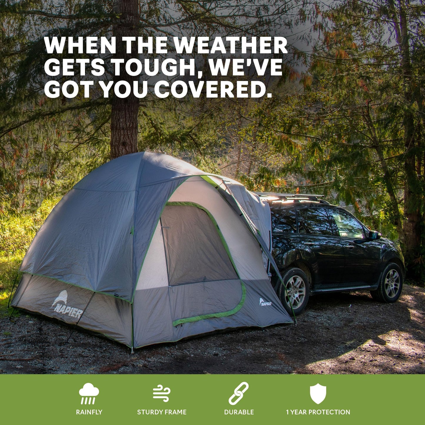 Napier Backroadz SUV Tent | 10' x 10' SUV Car Camping Tent | Fits All CUVs, SUVs, and Minivans | Sleeps 5 | Spacious, Durable, Easy Set-up | Gray/Green | Model 19100