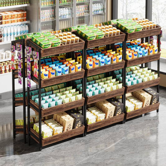 Tribesigns 4-Tier Retail Display Rack Set of 6, Heavy-Duty Commercial Display Stand for Candy, Vegetables, Snacks, Industrial Storage Shelf with Hooks for Retail Store (6, Brown+Black)
