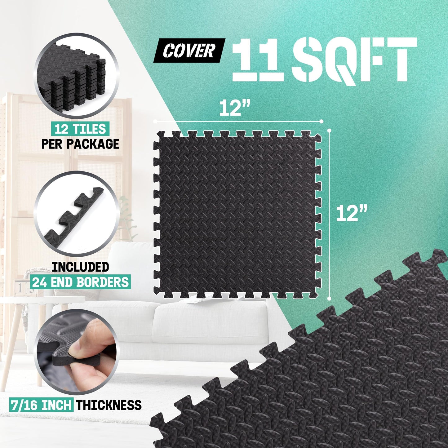Yes4All EVA Interlocking Mats, Puzzle Floor Tiles, Foam Floor Padding with Border for Furniture, Home Space, Living Room, Garage 11 SQFT