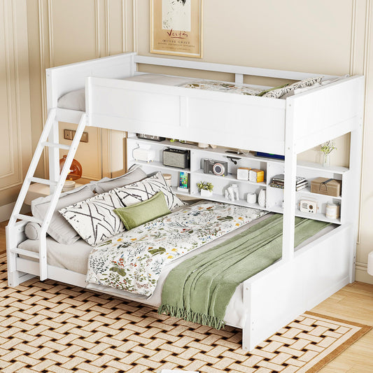 DNYN Twin XL Over Queen Bunk Bed with Storage for Kids/Adults,Solid Wood Bedframe w/Cabinets & USB Ports Design,Perfect for Bedroom, Guest Room, White