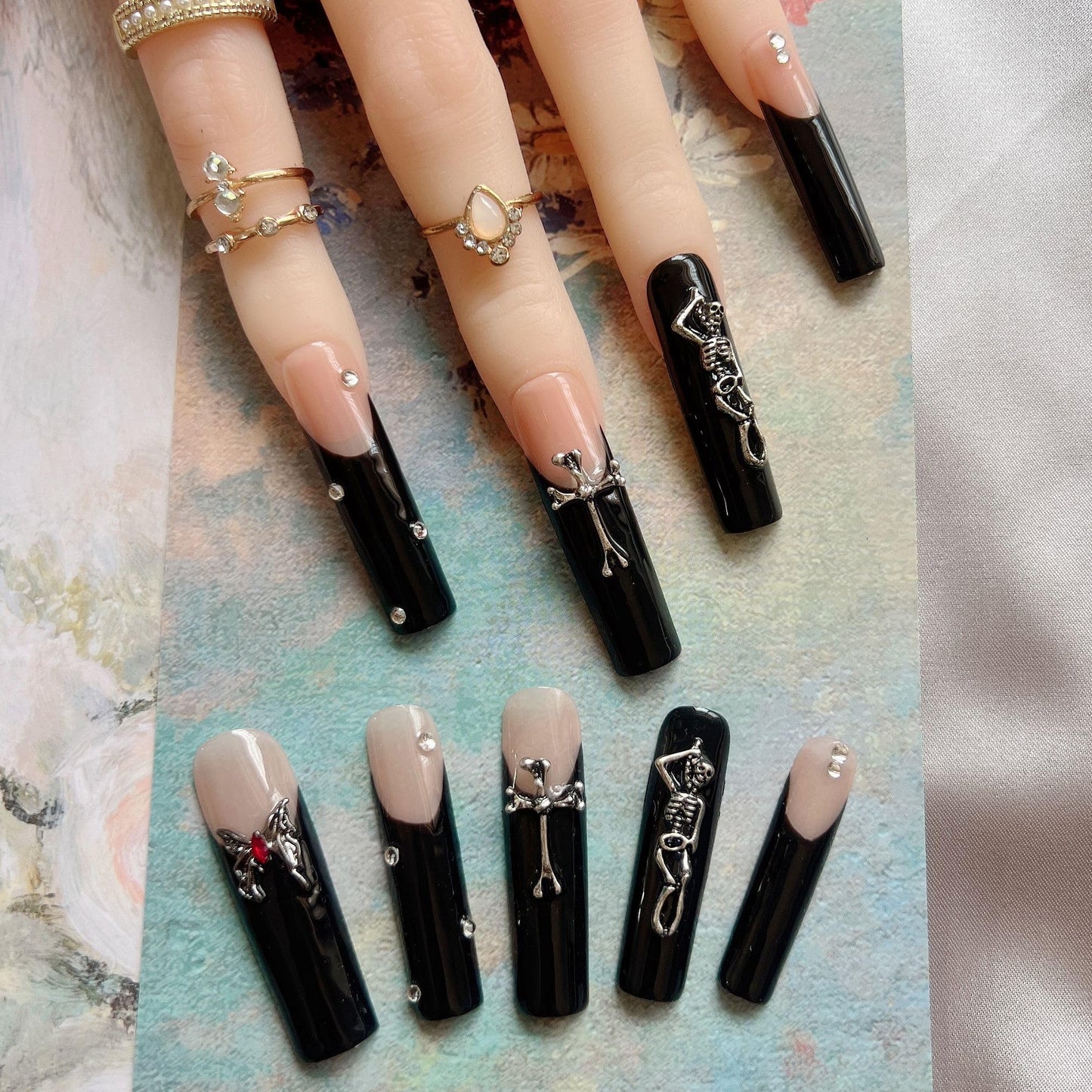 NAIL ANGEL 10PCS/SET Handmade Press On Nails Glitter Dark Metal 3D Cross Butterfly Charms French Style Long Coffin Nails Party Nails XXL Long Artifical Tips ZJ-11 (ZJ11, S)