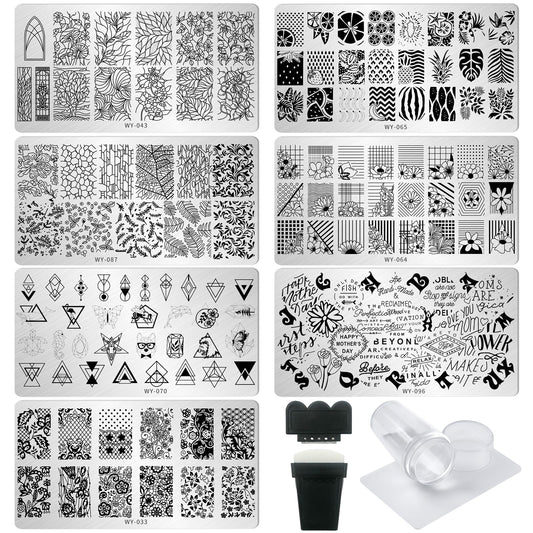 AddFavor Nail Stamping Plate Kit with Nail Stamp and Scraper, 6pcs Leaf Fruit Geometric Nail Stamper Kit for Home Salon Manicure Polish Print Stencils Design Tools