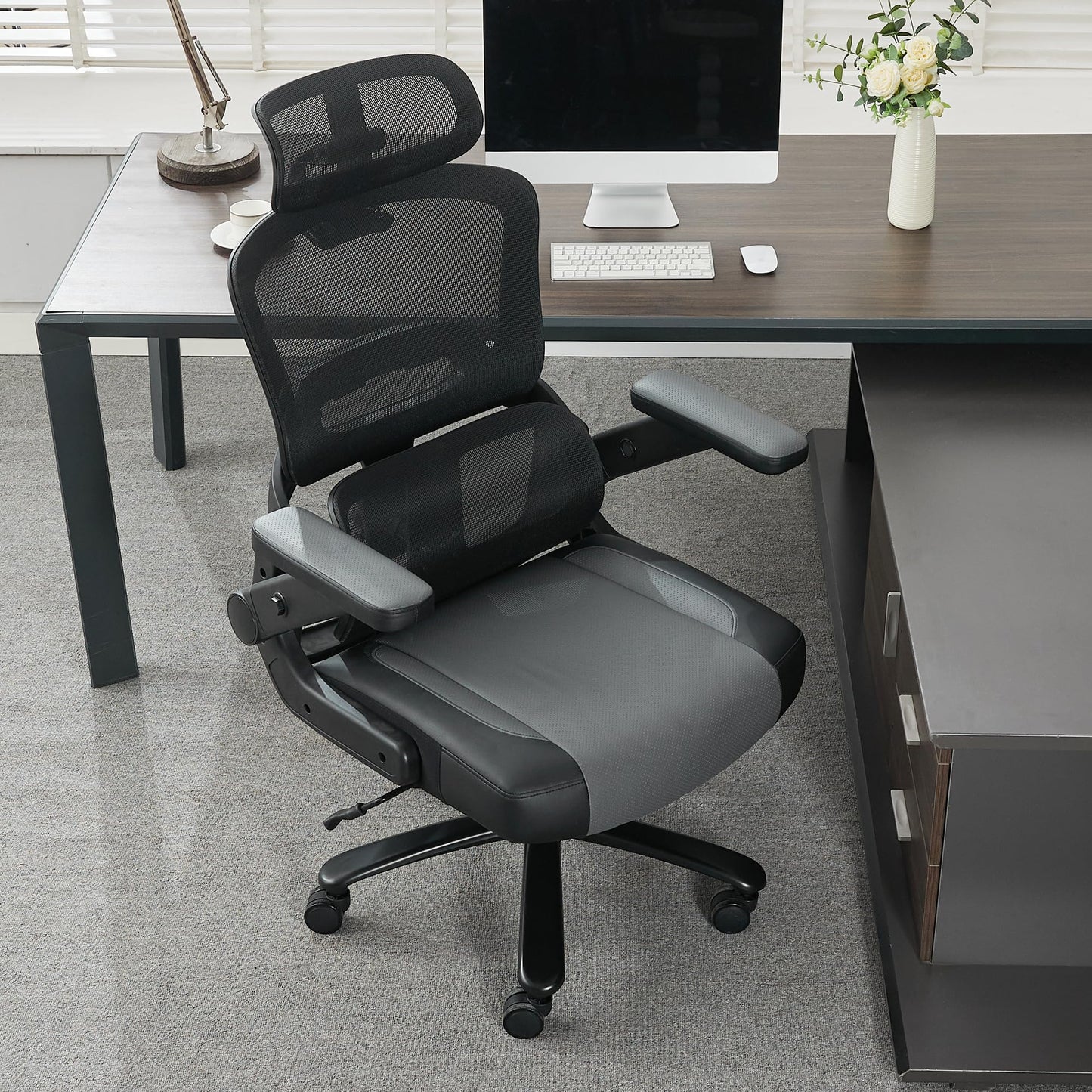 BOWTHY 500lbs Big and Tall Office Chair,Large Heavy Duty Executive Computer Chair with 5D Flip Arms,Ergonomic Mesh High Back Desk Chair with Adjustable Lumbar Support 3D Headrest,Thick Spring Cushion
