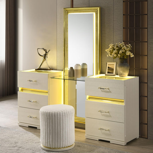 Furniture of America Mynar Modern Solid Wood 6-Drawer Makeup Vanity Set with Stool and LED Light, Dressing Table with Mirror, for Bedroom, Guest Room, Beige