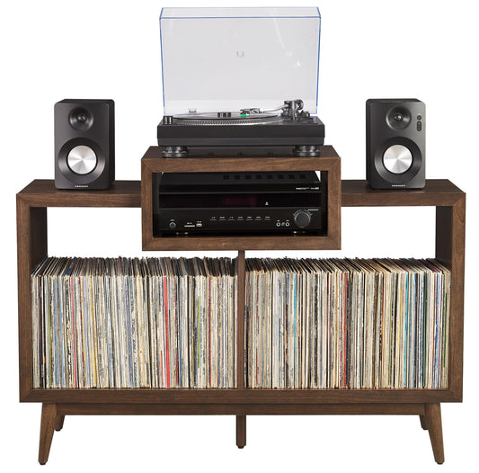 Crosley Furniture Nashville Mid Century Modern Console Record Player Stand, Stores Up to 220 Vinyl Records, Medium, Brown