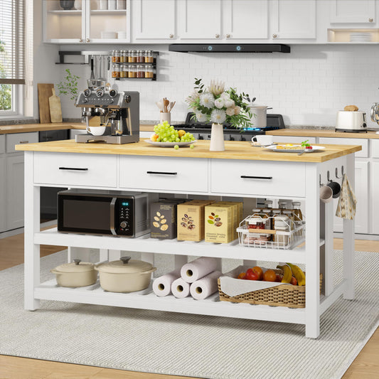 DynJest 60" Solid Rubberwood Kitchen Island with Power Outlets - Extra Large Work Surface, 3 Drawers & 2 Open Shelves Storage Cabinet for Kitchen Dining Room, Farmhouse Style (White)
