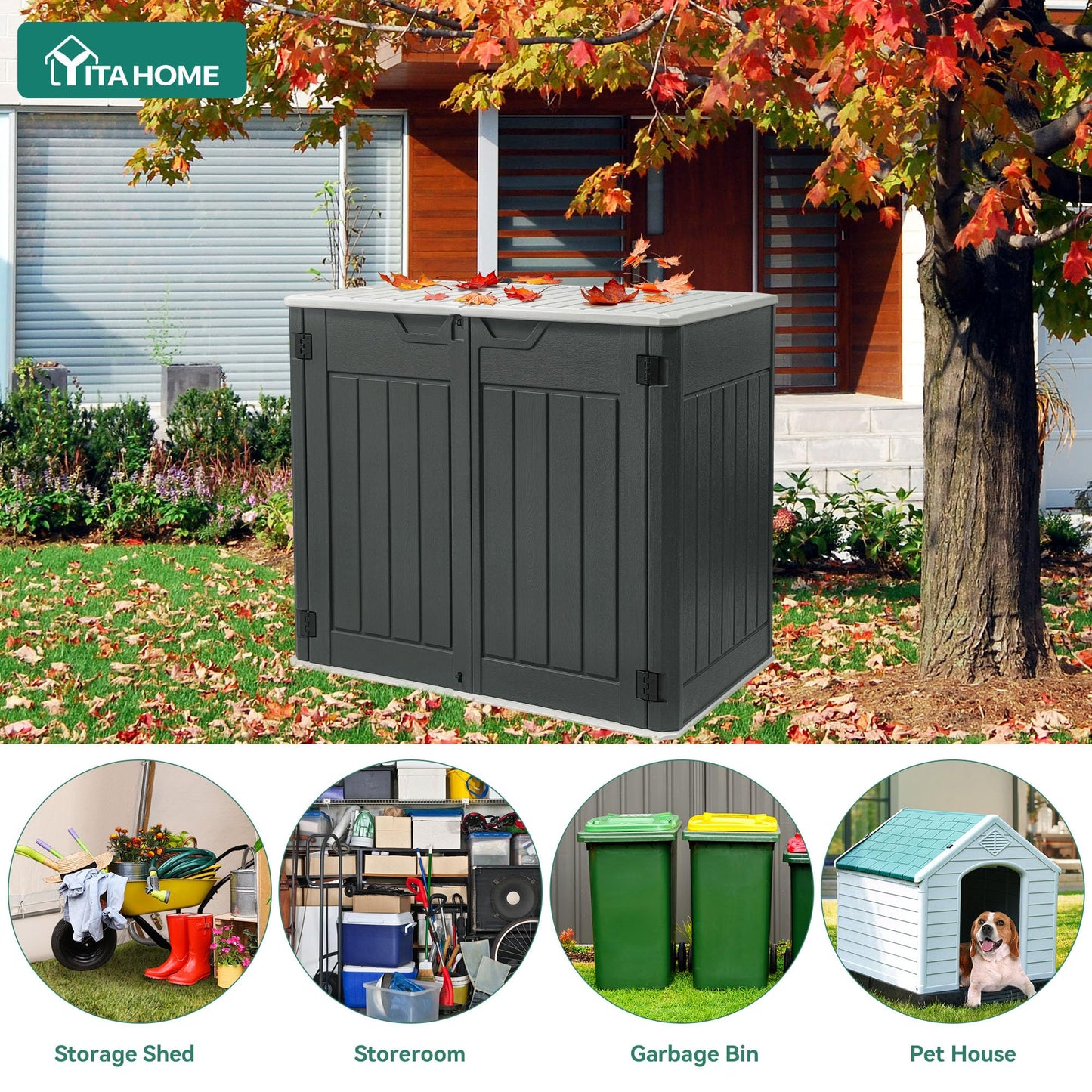 YITAHOME Extra Large Outdoor Horizontal Storage Shed, 4.5x4ft Resin Tool Sheds w/o Shelf, Easy to Assemble Waterproof Storage for Trash Cans, Garden Tools, Lawn Mower, Lockable, Dark Gray